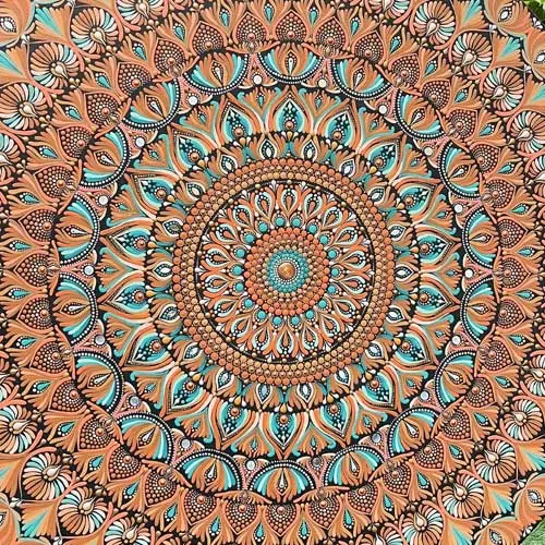 Close-up of a dot-painted mandala in terracotta and turquoise